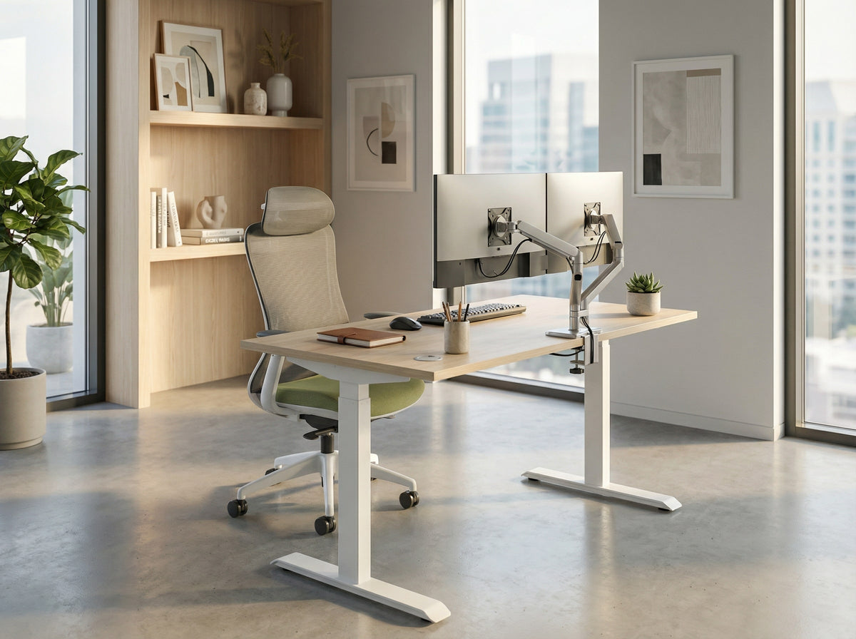 Modern office setup with a white ergonomic chair, computer monitors, white and oak height adjustable desk and decor in a bright room.