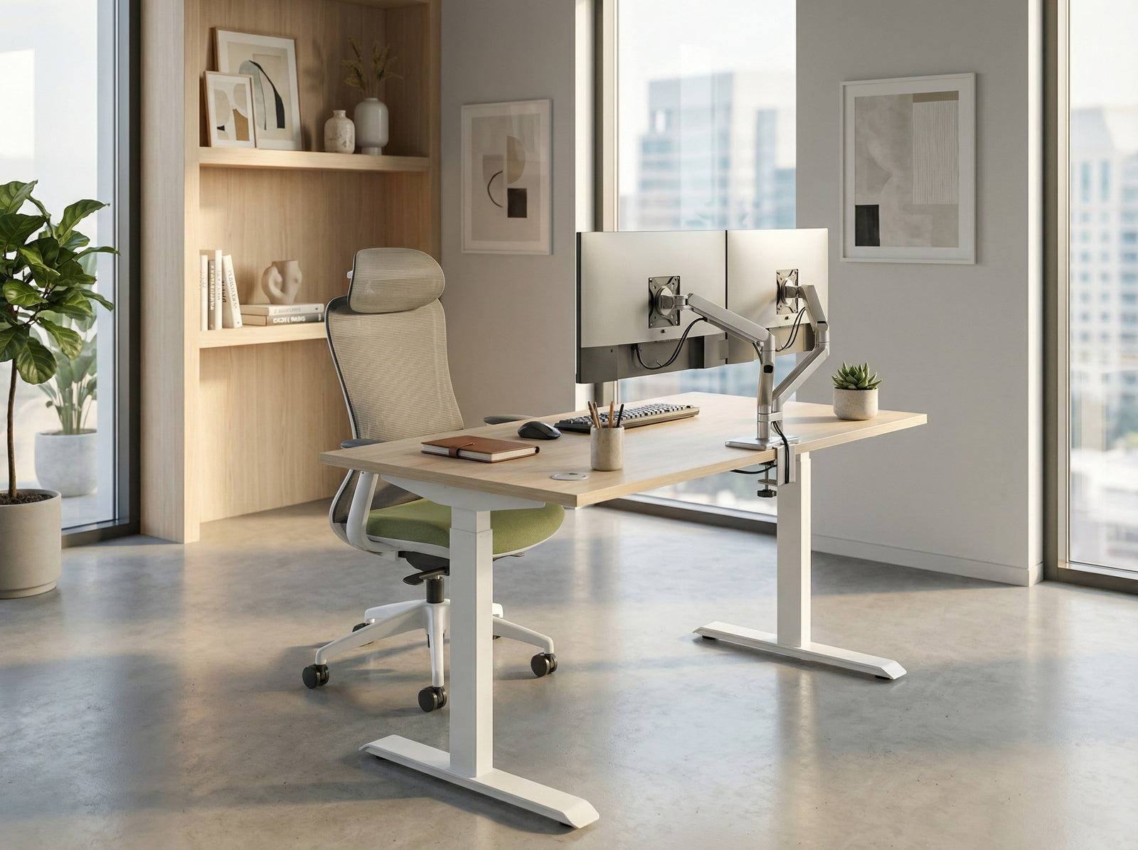 Modern office setup with a white ergonomic chair, computer monitors, white and oak height adjustable desk and decor in a bright room.
