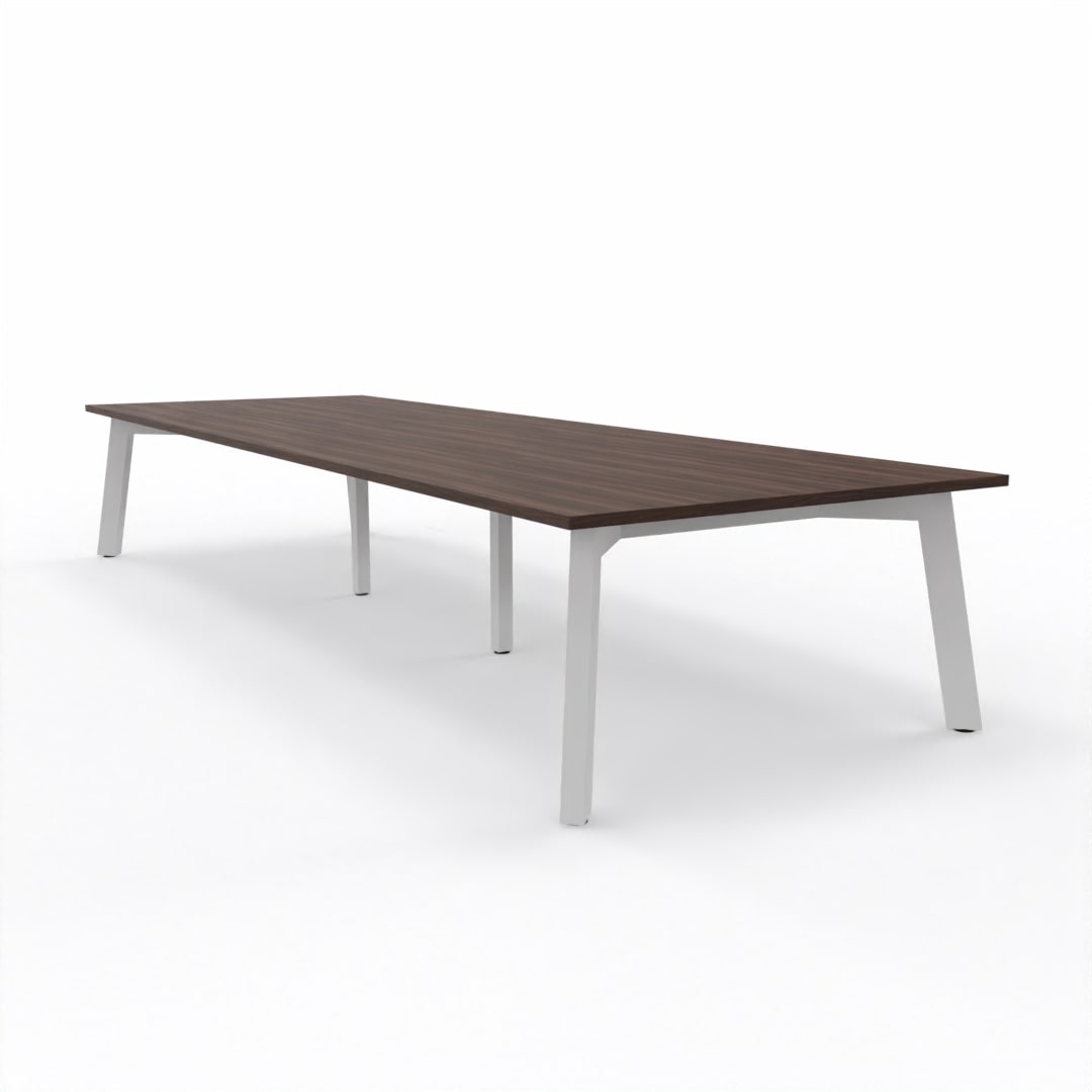 Large XXL Boardroom table with dark brown top and 4 legged white steel frame on a white background