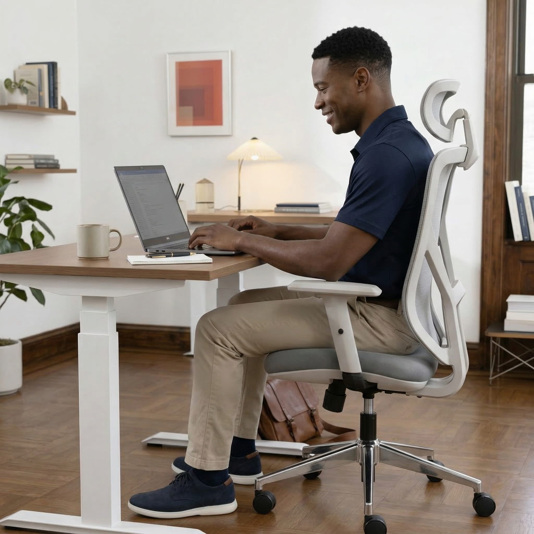 Man using a laptop at a standing desk in a home office setting on a ergonomic grey office chair
