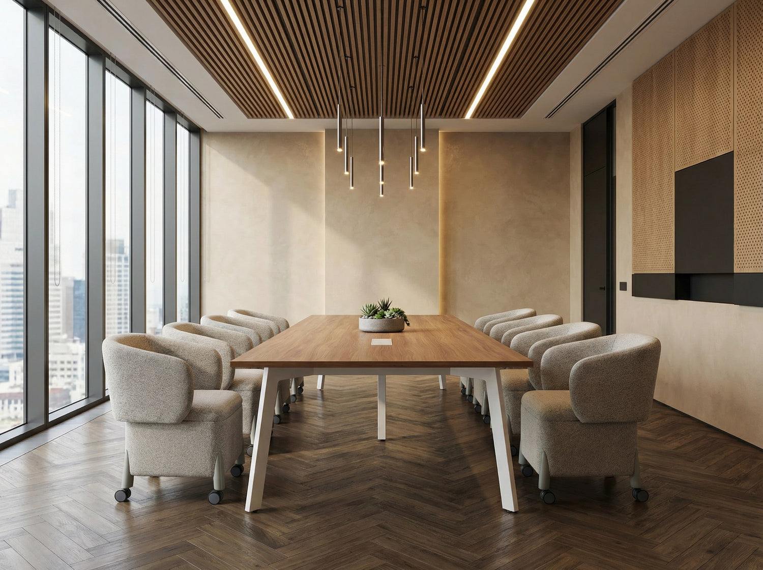 Modern office in a conference room with wooden table and office seating, large windows, and stylish ceiling lights.