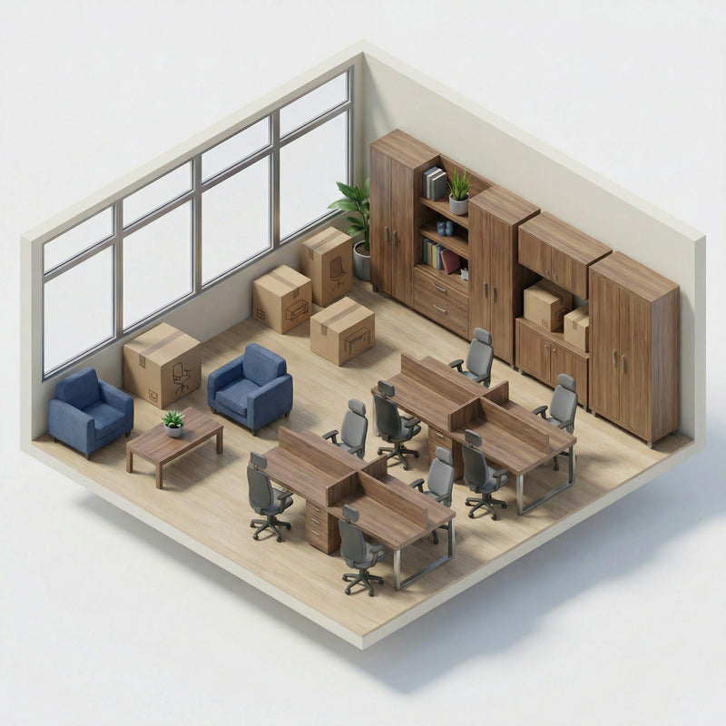 Isometric office layout with furniture including desks, chairs, and cabinets.