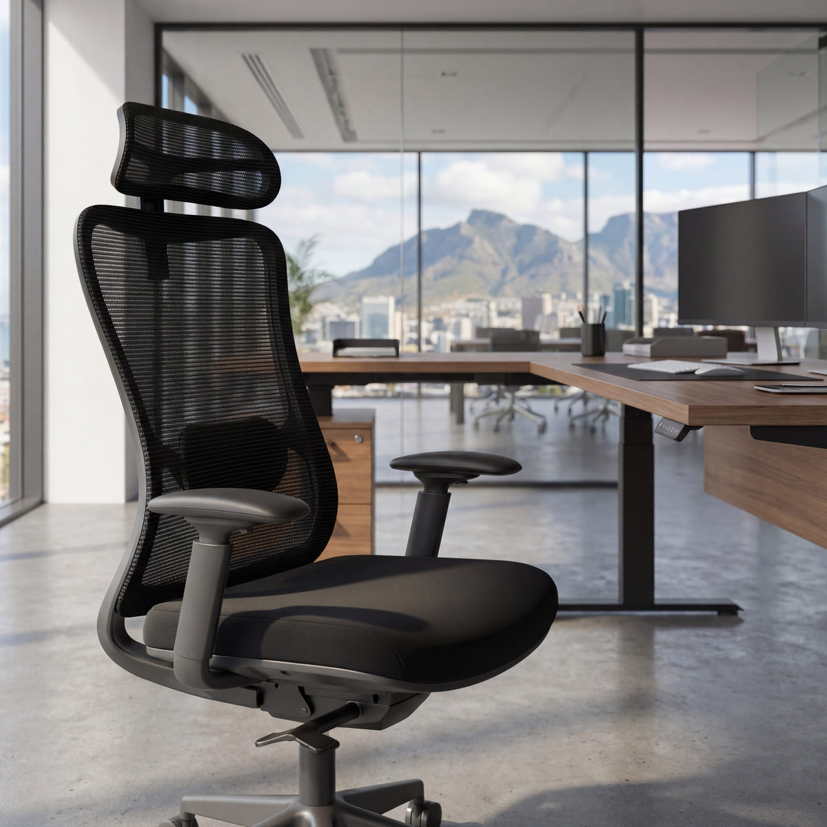 Ergonomic office chair in a modern office setting with large windows and a mountain view.