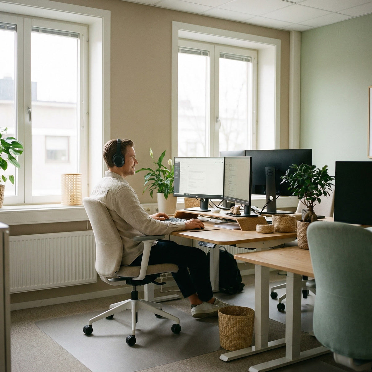 Person working at a sit stand desk with multiple computer monitors in a bright office setting on a ergonomic chair.
