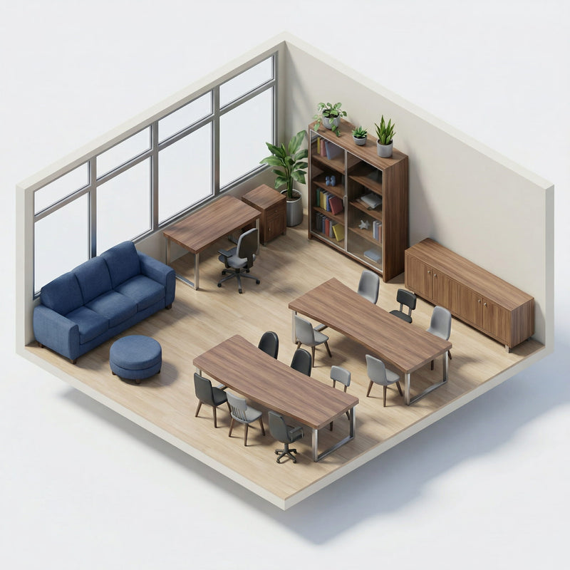 Isometric view of a modern office  layout with furniture including desks, chairs, and bookshelves.