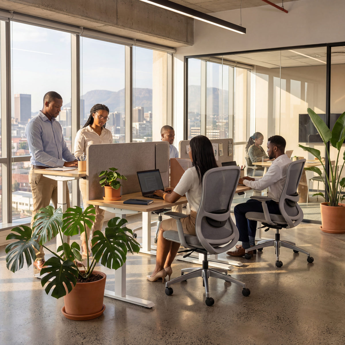Modern office space with people working at standing desks and office seating