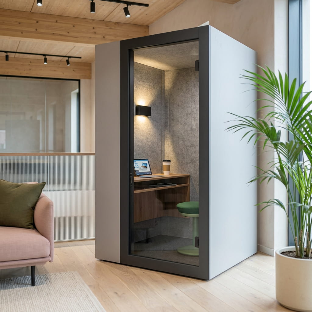 CitiPod phone booth on castors with glass door and motion-activated LED lighting in an office