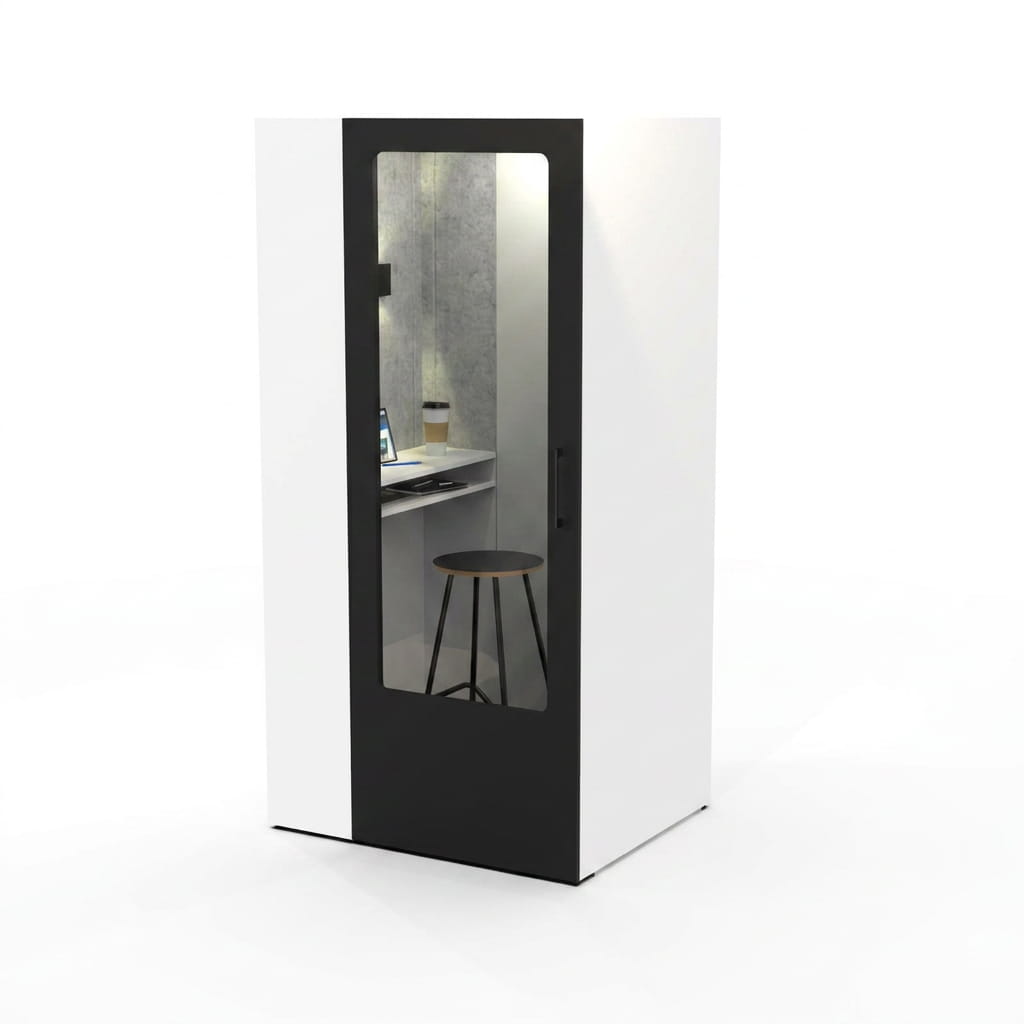 CitiPod phone booth in White low pressure laminate with a full glass door, studio view