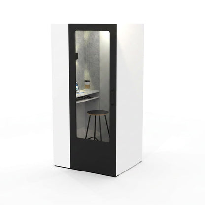 CitiPod phone booth in White low pressure laminate with a full glass door, studio view