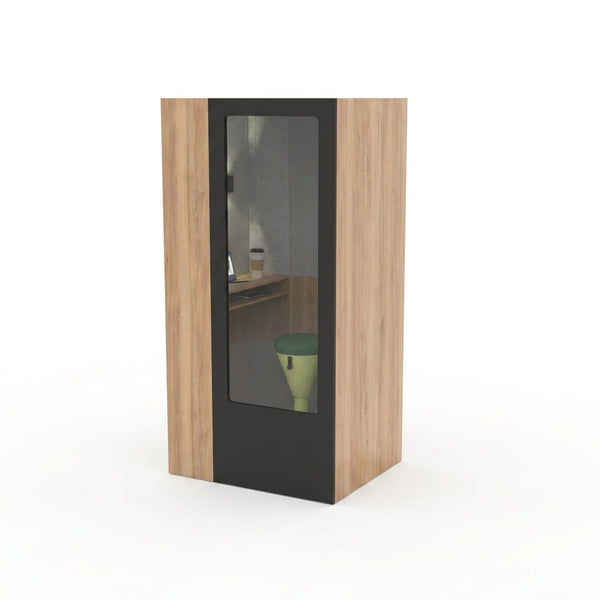 CitiPod phone booth in Woodgrain low pressure laminate with a full glass door, studio view