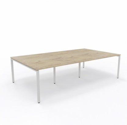 Rectangular wooden table with white legs on a white background