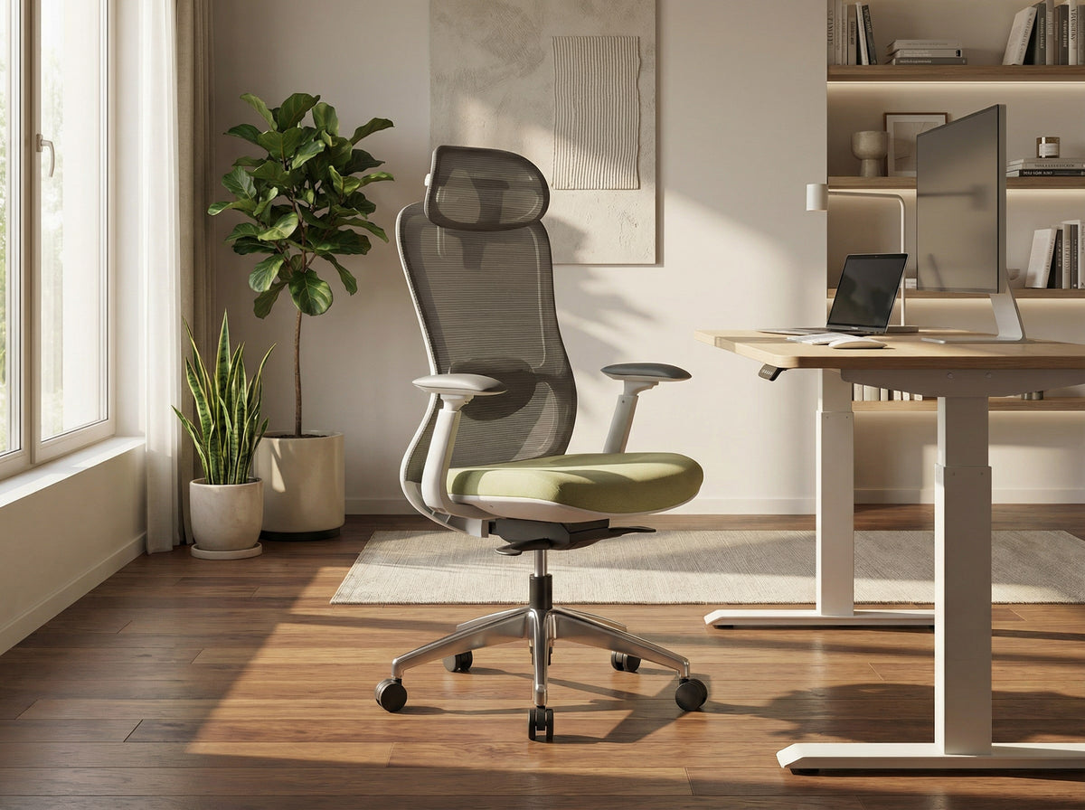 Modern ergonomic office chair with headrest in a home office setup featuring a sit-stand desk, laptop, monitor, and indoor plants