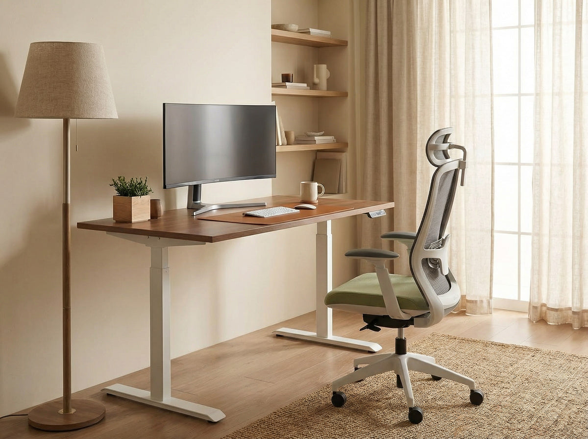 Modern home office setup with a height adjustable sit stand desk, chair, and computer monitor.