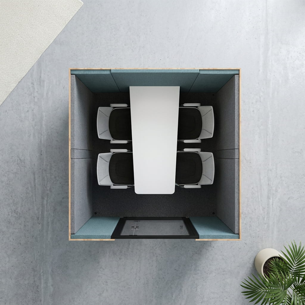 Overhead view of the SkyLite 4-seater meeting pod on an office floor