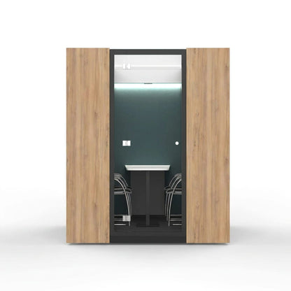 SkyLite 4-seater meeting pod in Woodgrain finish with glazed panels, studio view