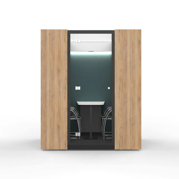 SkyLite 4-seater meeting pod in Woodgrain finish with glazed panels, studio view