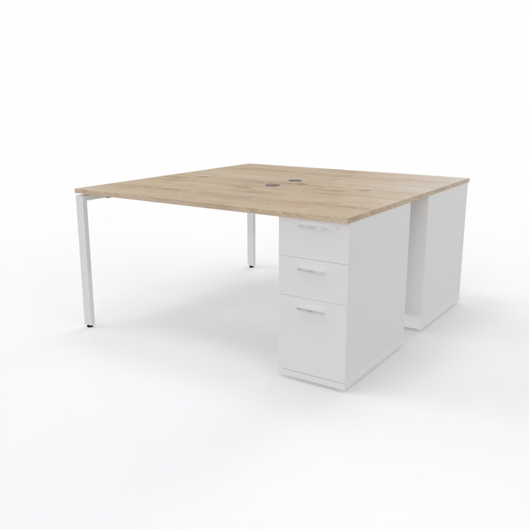 Dual desk workstation for two people with oak table top, two white storage units, and a white steel frame on a plain white background