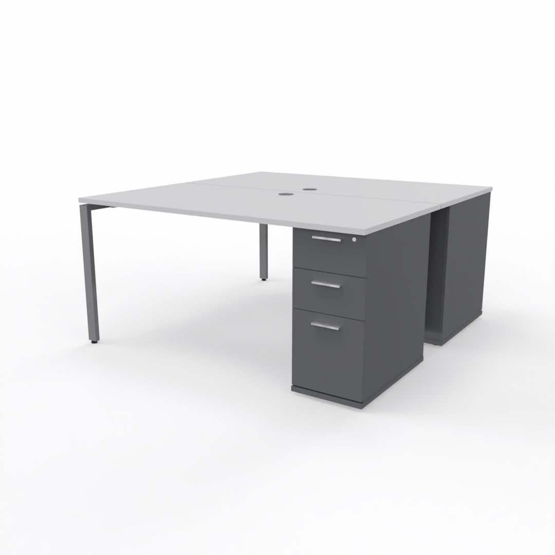 Dual desk workstation for two people with white table top, two dark grey storage units, and a grey steel frame on a plain white background