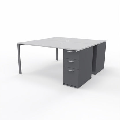 Dual desk workstation for two people with white table top, two dark grey storage units, and a grey steel frame on a plain white background