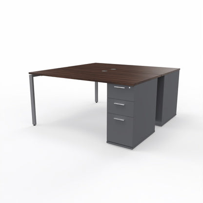 Dual desk workstation for two people with dark oak table top, two steel grey storage units, and steel frame on a plain white background