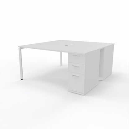 Dual desk workstation for two people with white table top, two white storage units, and a white steel frame on a plain white background