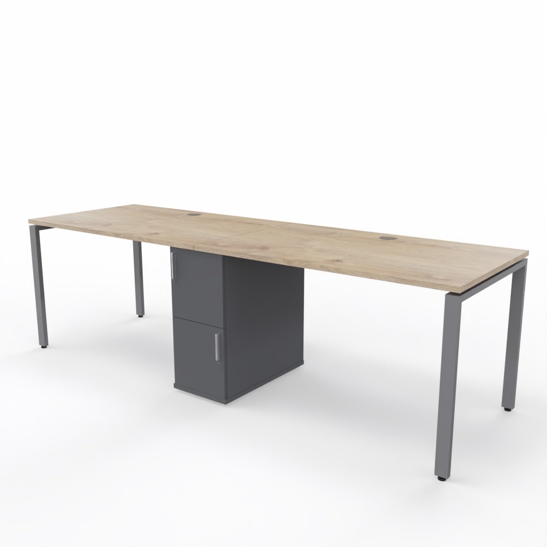 2 person steel frame workstation desk with a shared storage in die middle, oak table top, grey storage unit and dark grey steel frame legs on a white background. 
