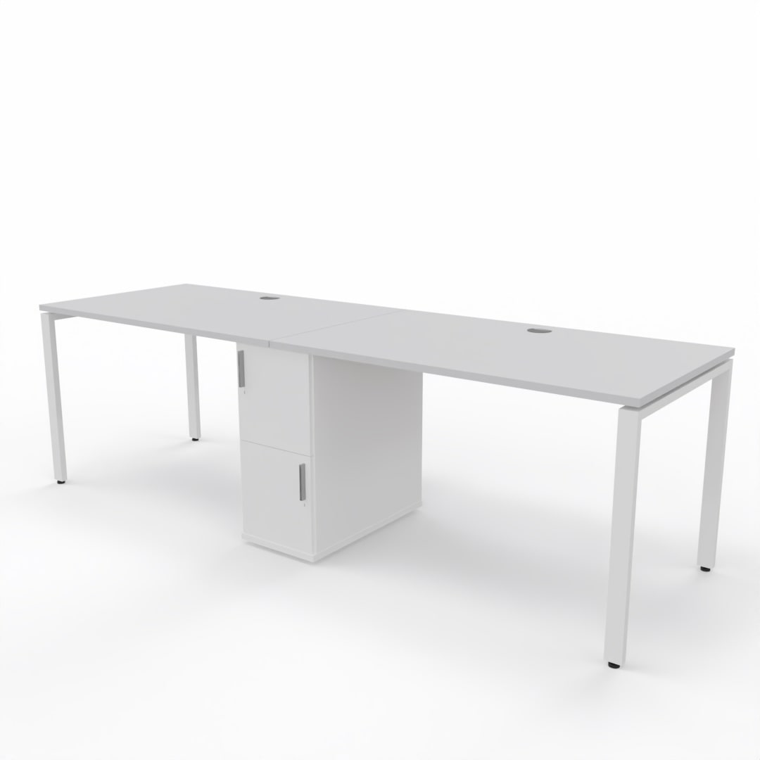 2 person steel frame workstation desk with a shared storage in die middle, white table top, white storage unit and white steel frame legs on a white background. 
