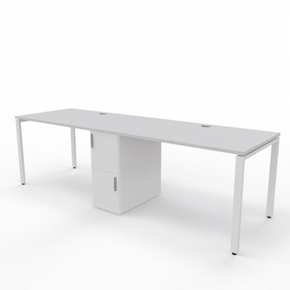 2 person steel frame workstation desk with a shared storage in die middle, white table top, white storage unit and white steel frame legs on a white background. 