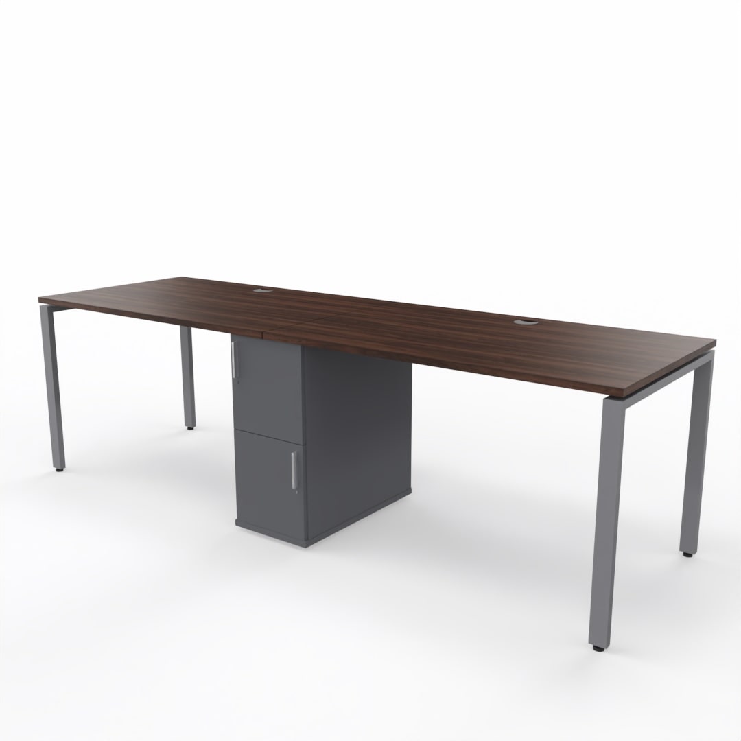 2 person steel frame workstation desk with a shared storage in die middle, brown wooden table top, dark grey storage unit and steel frame legs on a white background. 