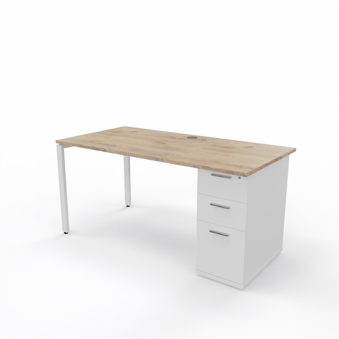 Wooden desk with white pedestal on a white background