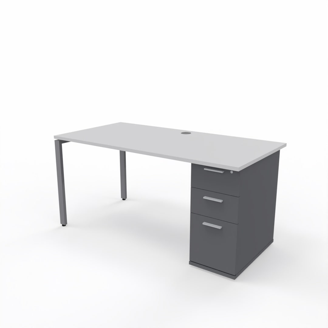 White office desk with a gray pedestal on a white background