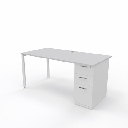 White color table top office desk with white built in storage and white steel frame 