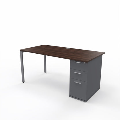 Desk with dark wooden top and gray pedestal base on a white background