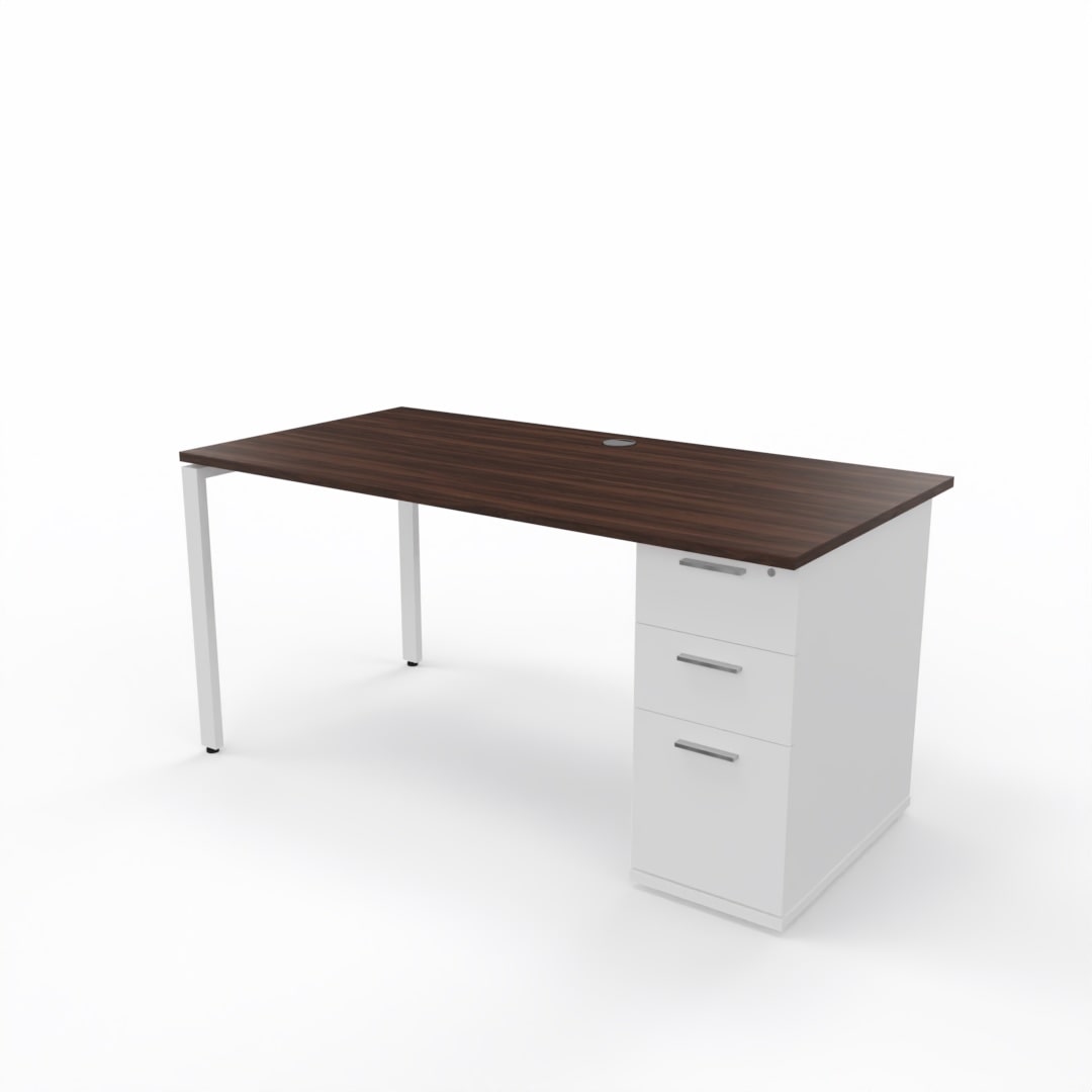 Rectangular desk with dark brown top white base, and built in storage on a white background