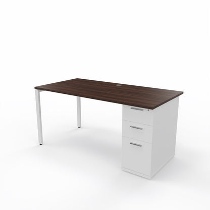 Rectangular desk with dark brown top white base, and built in storage on a white background