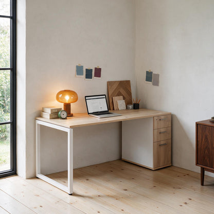 Studio view of the Solo Desk in Barrel Oak and white, showing the slim storage pedestal built into the frame