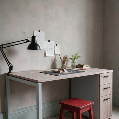 Ferrara Oak desk with drawers and a light grey frame, styled with a wooden chair