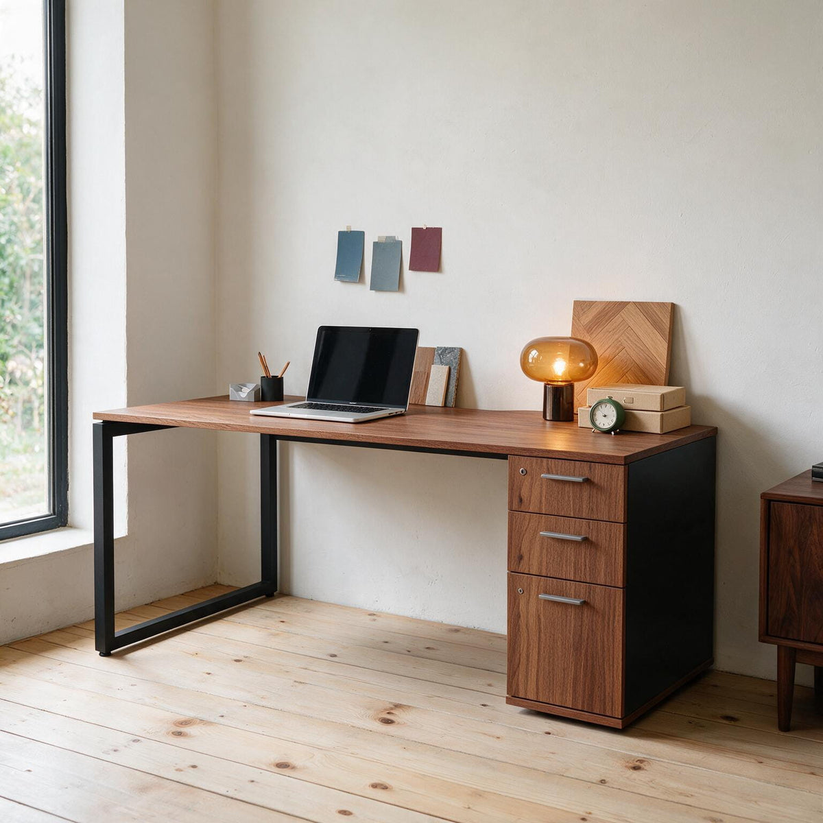 The Solo Desk with Storage in Leander, showing the slim pedestal built into the frame