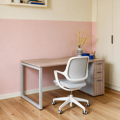 Ferrara Oak home office desk with built-in storage and a light grey frame, with a task chair
