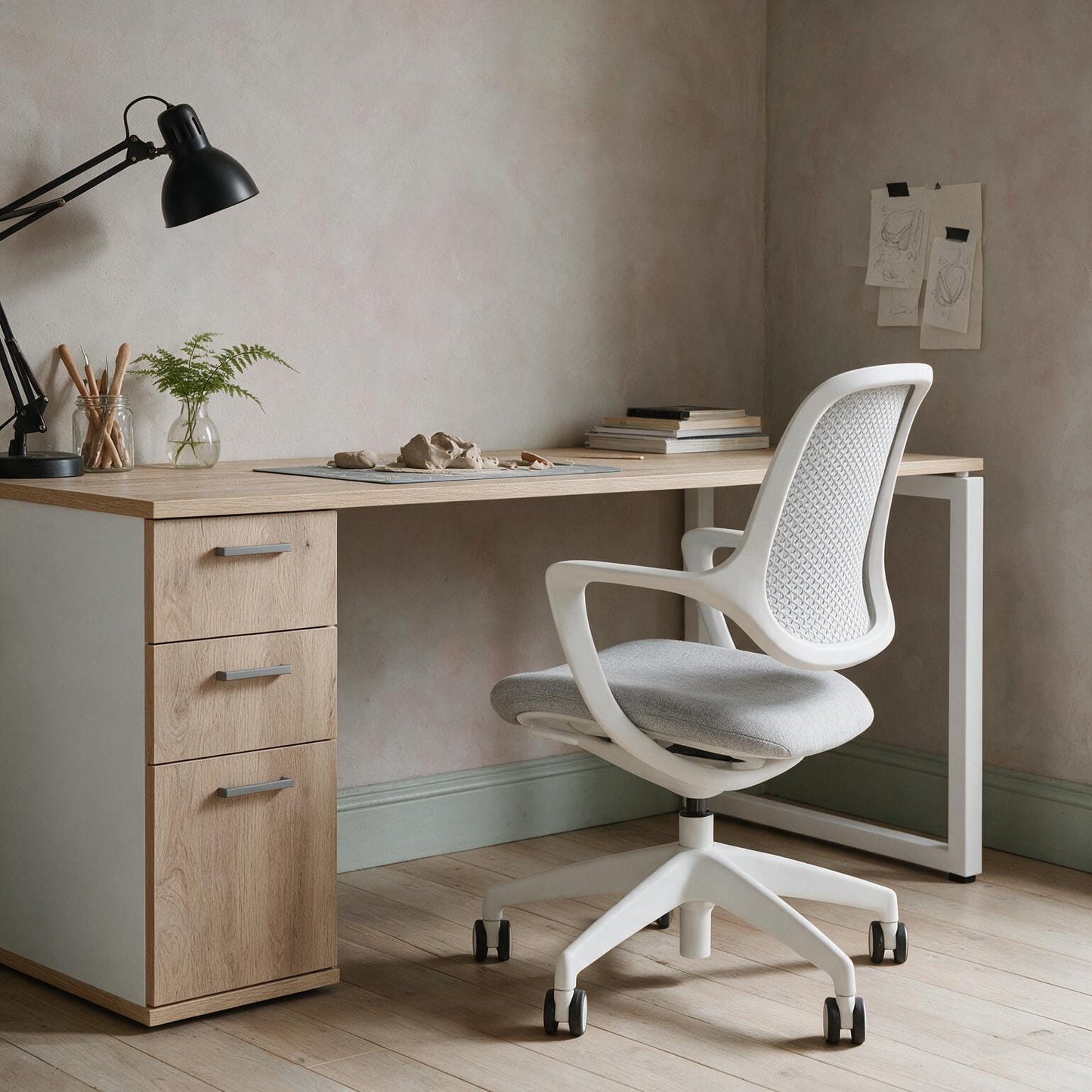 The Solo Desk with Storage in a home workspace, drawers on the right-hand side