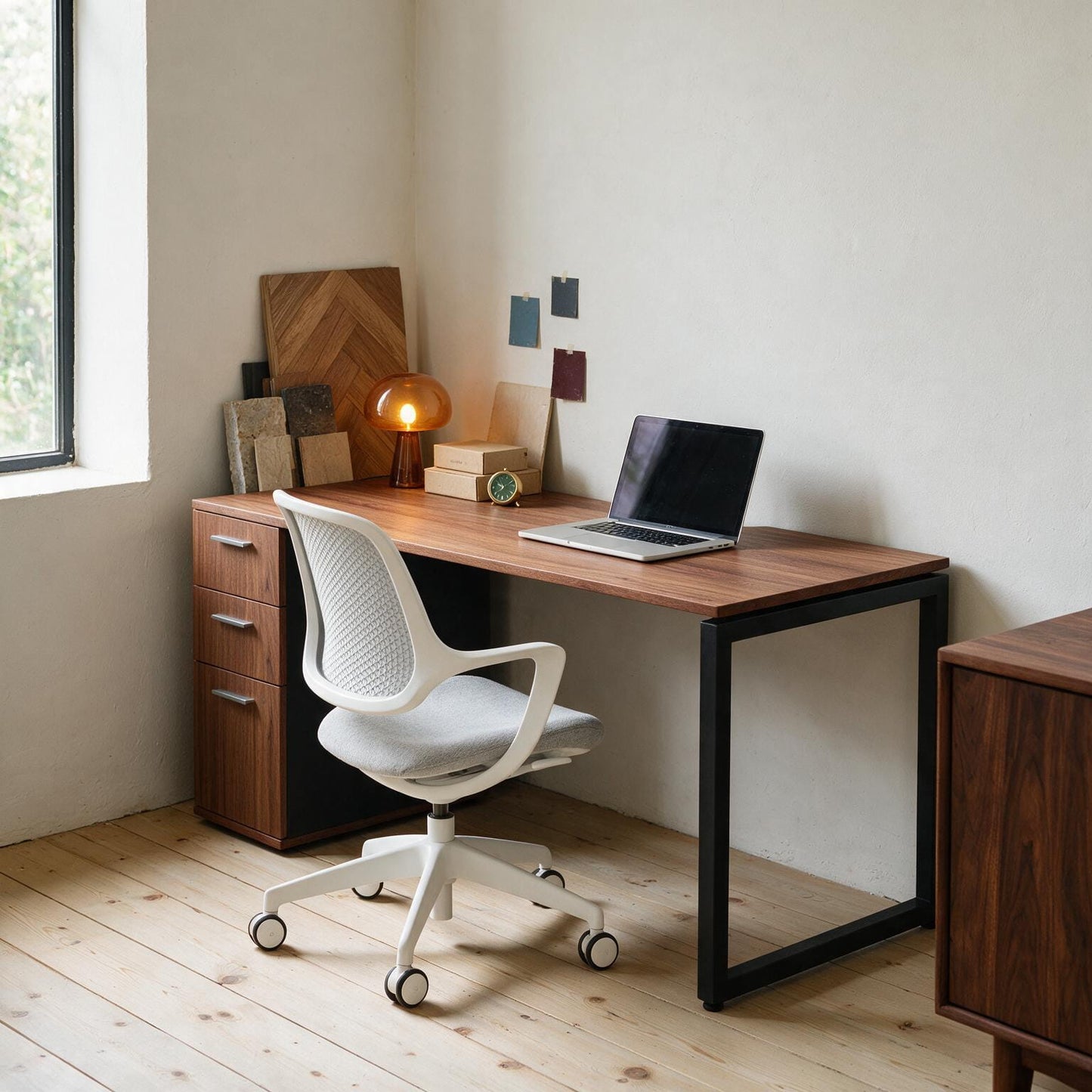The Solo Desk with Storage in a home study, viewed from the side