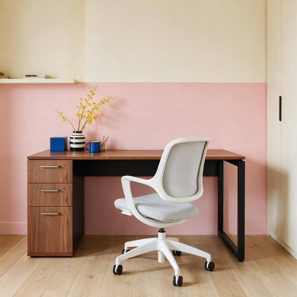 Right-hand storage pedestal on the Solo Desk, shown in a home workspace