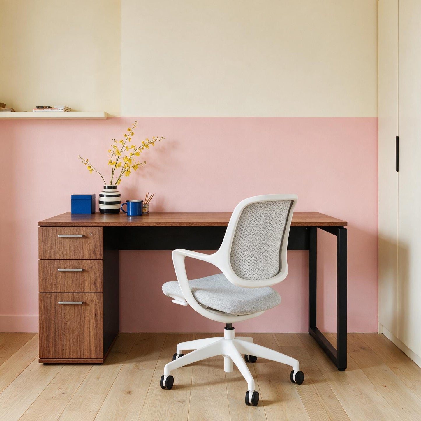 Right-hand storage pedestal on the Solo Desk, shown in a home workspace