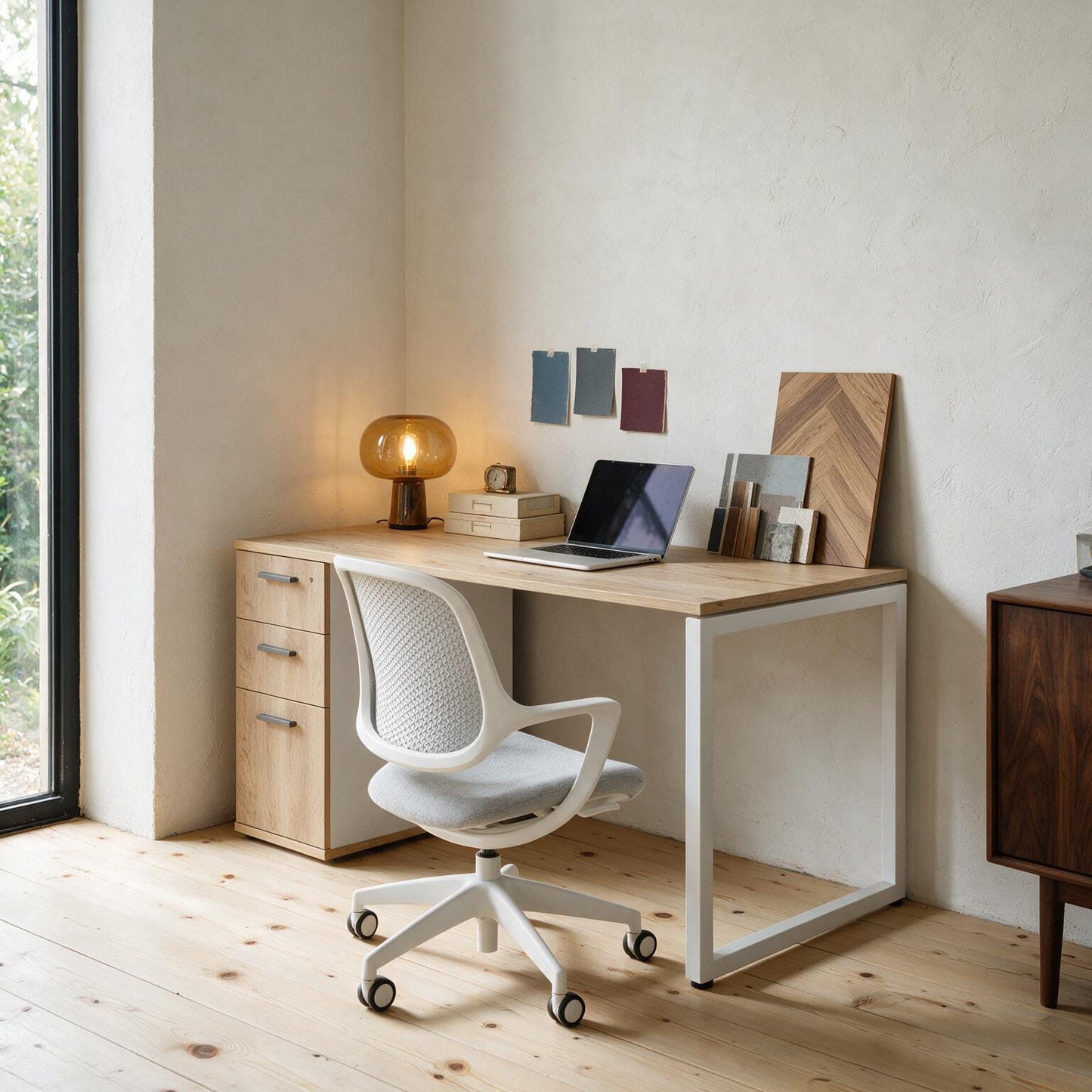 The Solo Desk with Storage at home, showing the desktop surface and cable port