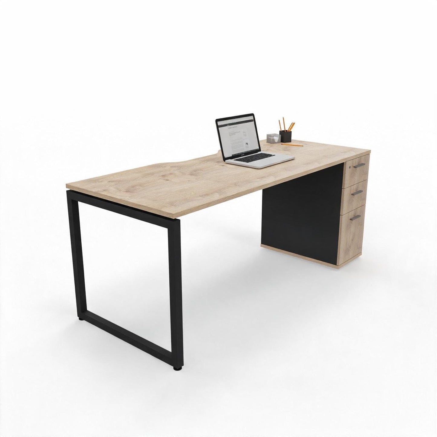 The Solo Desk with Storage in Barrel Oak on a black loop-leg steel frame