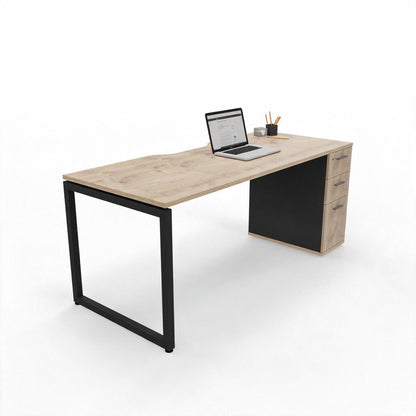 The Solo Desk with Storage in Barrel Oak on a black loop-leg steel frame