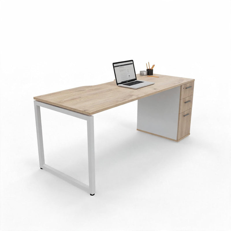 The Solo Desk with Storage in Barrel Oak with a white steel frame, front view