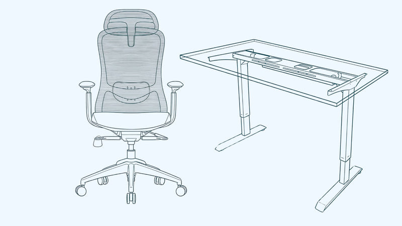 Outline of a ergonomic chair and adjustable desk on a light gray background