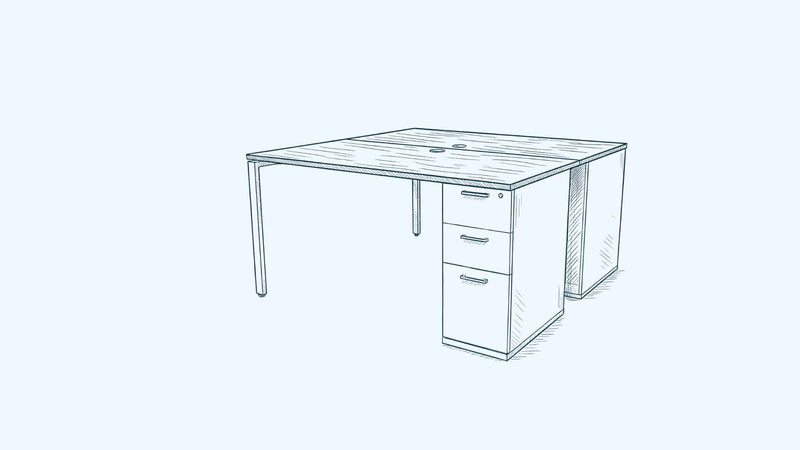 Line drawing of a desk with drawers on a white background