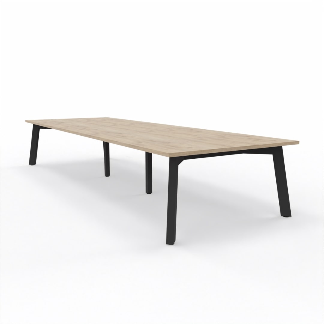 Large XXL Boardroom table with light oak top and 4 legged black steel frame on a white background